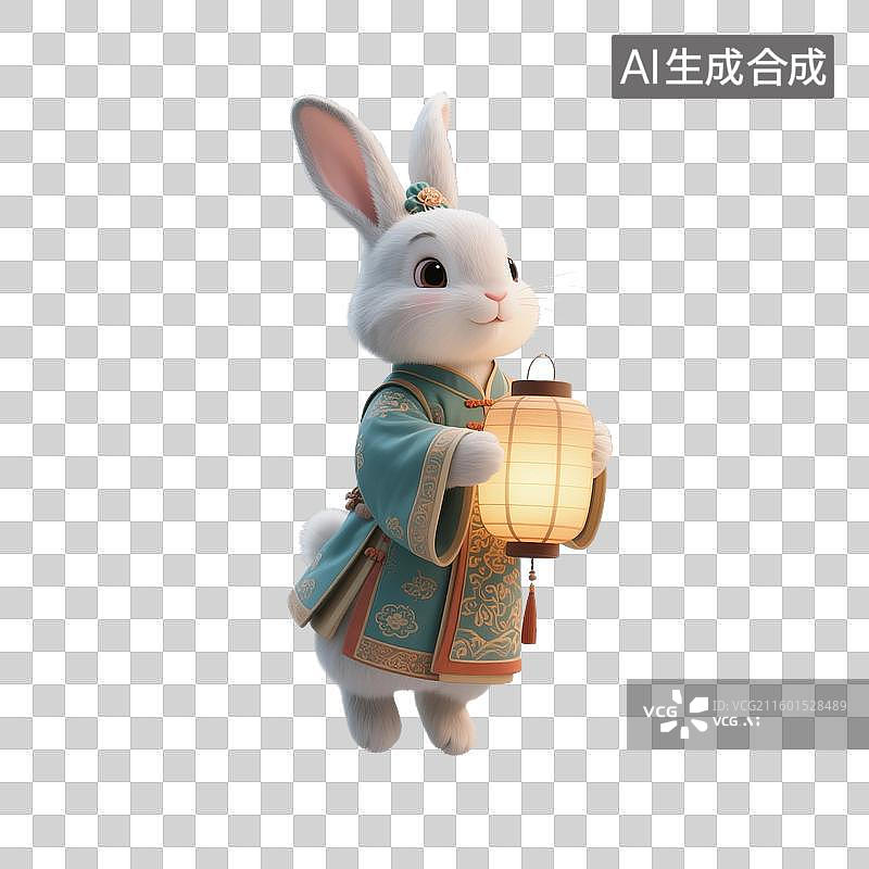 【AI数字艺术】3D渲染中国风卡通动物，可爱卡通小兔子，白兔拿着灯笼，传统服饰，玉兔，中秋节，八月十五免抠素材图片素材
