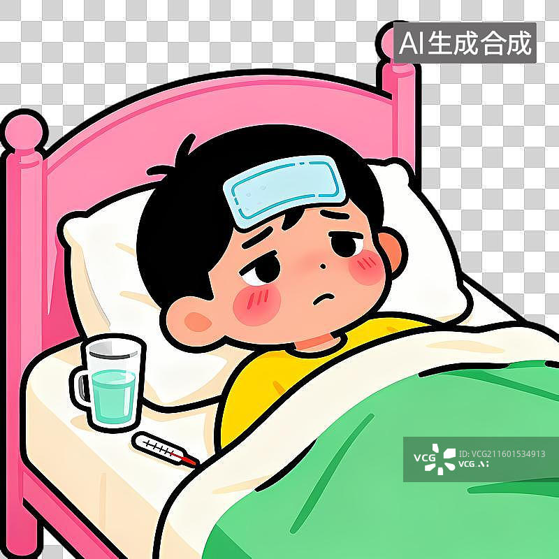 【AI数字艺术】生病男孩躺在床上图片素材
