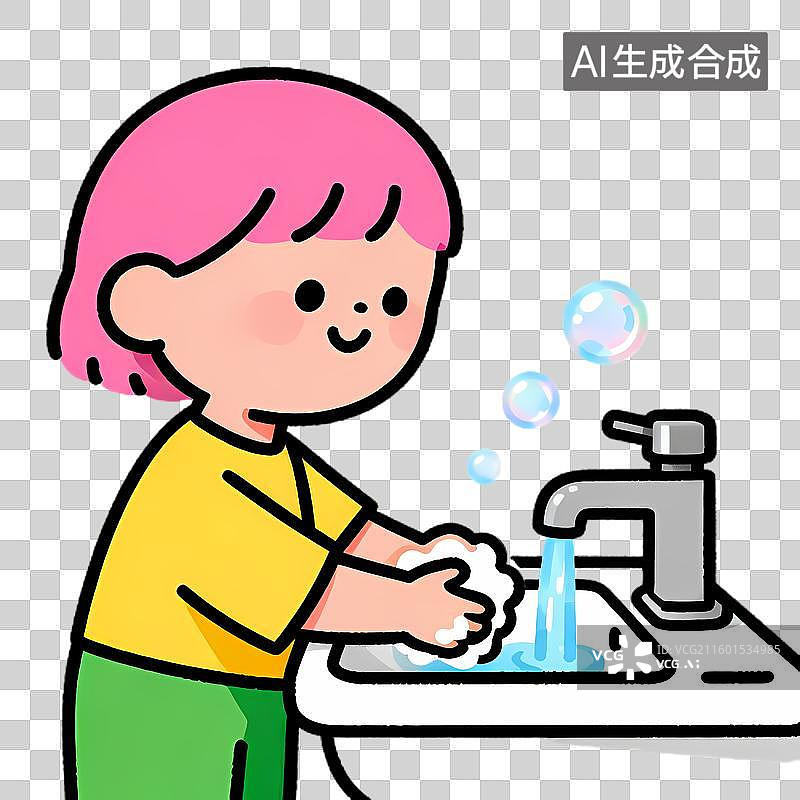 【AI数字艺术】可爱女孩认真洗手场景图片素材