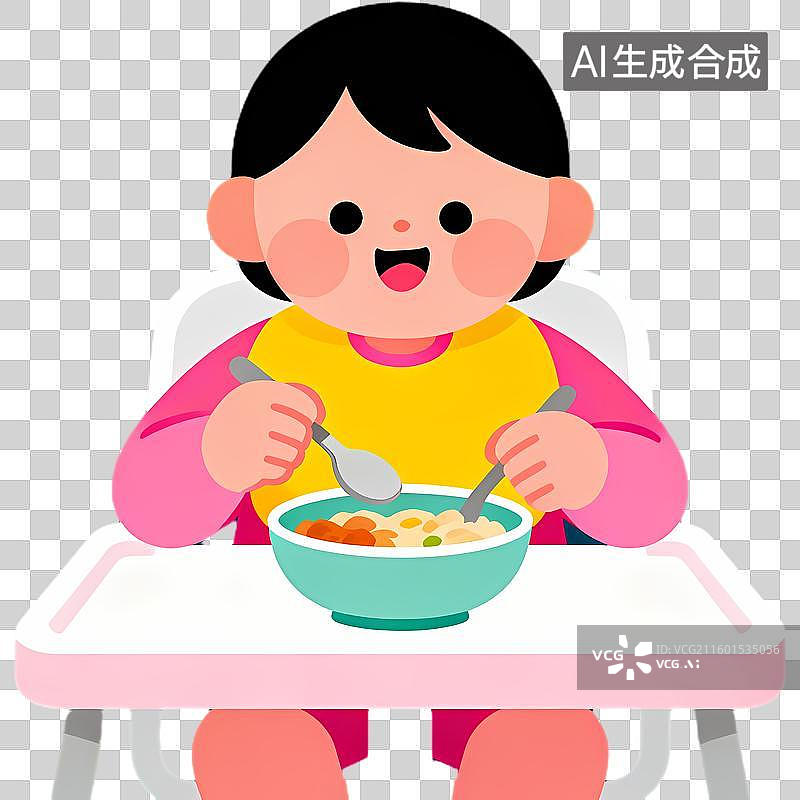 【AI数字艺术】坐在高脚椅上进食的小孩图片素材