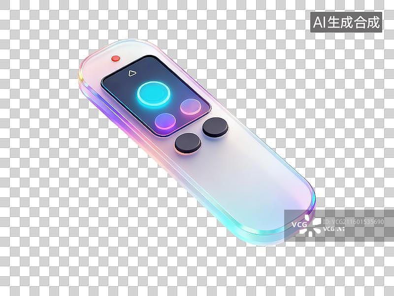【AI数字艺术】一个通用遥控器3D轻拟物风格透明科技科幻插画元素设计新质生产力极简人体工学设计带发光触摸屏界面未来感图片素材