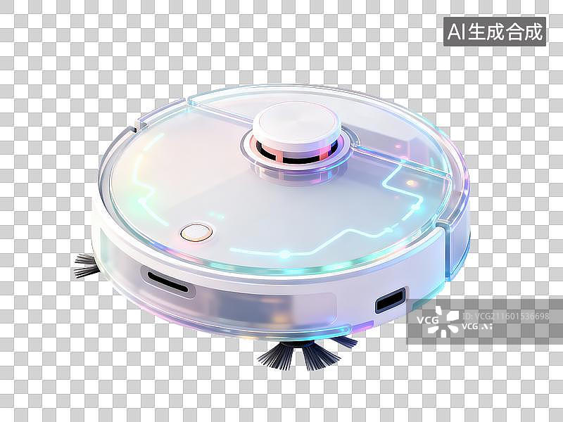 【AI数字艺术】智能家居家电电器扫地机器人3D轻拟物风格透明科技科幻插画元素设计新质生产力指示灯安静清扫图片素材
