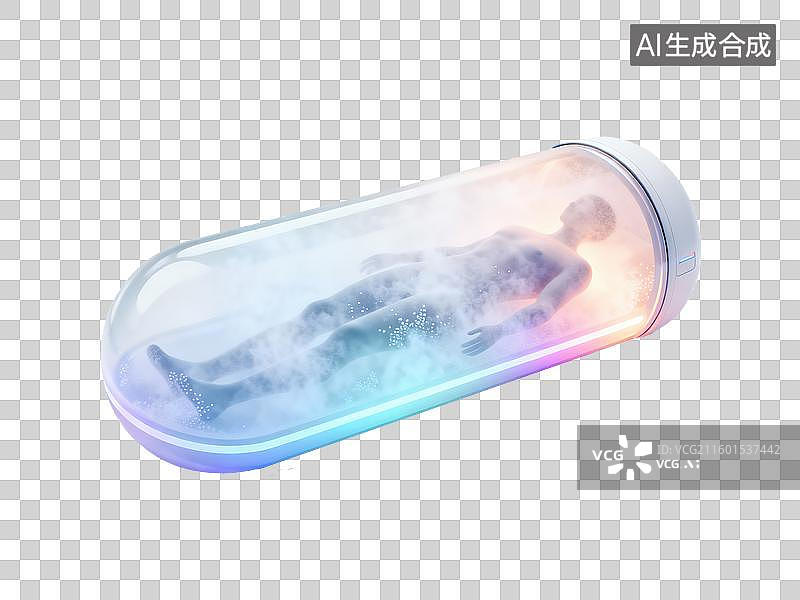 【AI数字艺术】人体医学研究人体冷冻保存舱胶囊3D轻拟物风格透明科技科幻插画元素设计新质生产力图片素材