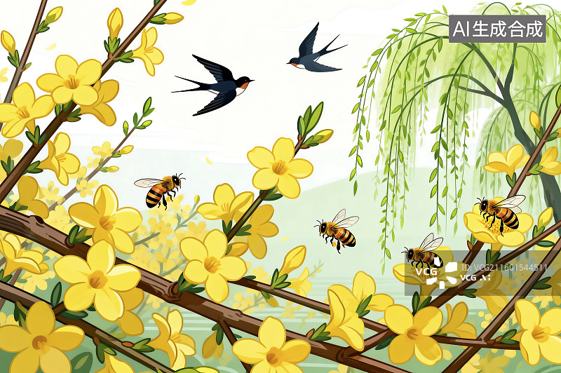 【AI数字艺术】春日黄花燕子蜜蜂图图片素材