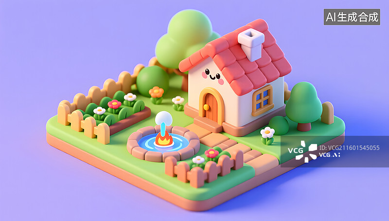 【AI数字艺术】绿色景观房子三维插画图片素材