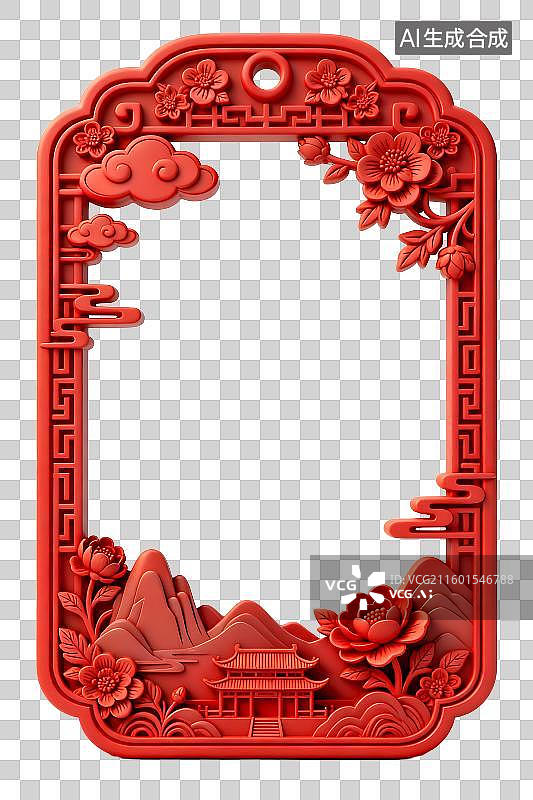 【AI数字艺术】红色中式雕花边框含花卉山峦图片素材