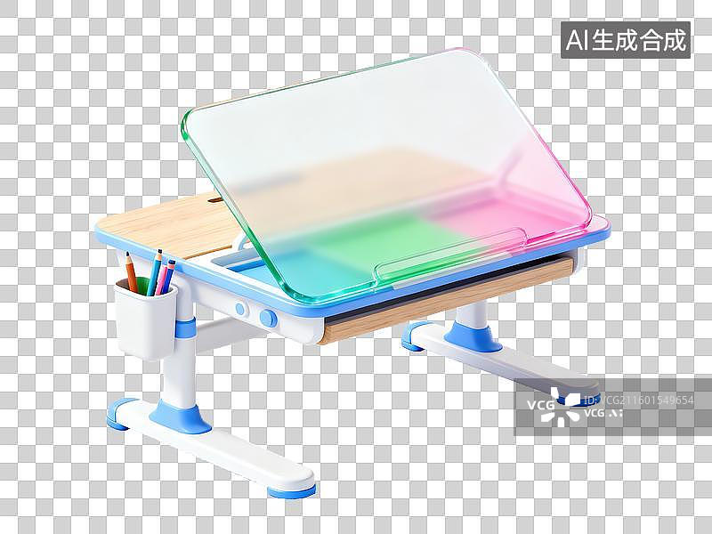 【AI数字艺术】可调节3D儿童学习桌配3D轻拟物风格透明母婴亲子插画元素设计温馨孕期学前阶段物品倾斜桌面和内置笔槽图片素材