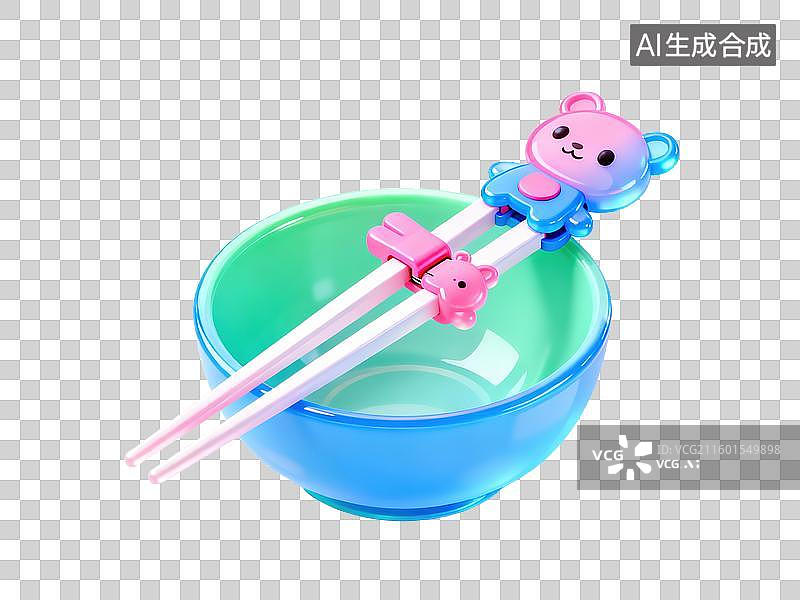 【AI数字艺术】可爱儿童学习筷粉色蓝色动物造型连接器搭碗上3D轻拟物风格透明母婴亲子插画元素设计温馨孕期学前阶段物品图片素材