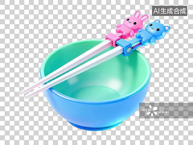 【AI数字艺术】可爱儿童学习筷粉色蓝色动物造型连接器搭碗上3D轻拟物风格透明母婴亲子插画元素设计温馨孕期学前阶段物品图片素材