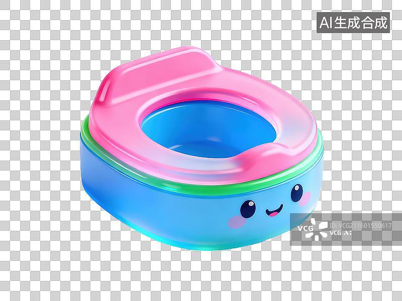 【AI数字艺术】彩色儿童如厕训练座圈亮粉色蓝色可爱卡通脸3D轻拟物风格透明母婴亲子插画元素设计温馨孕期学前阶段物品图片素材