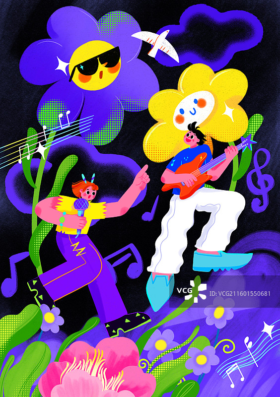 音乐奇妙夜年轻潮酷男女演奏花朵炫彩肌理插画图片素材