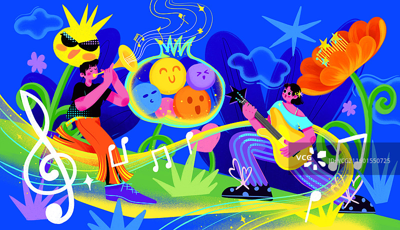 奇妙音乐节年轻潮酷男女演奏花朵炫彩肌理插画图片素材