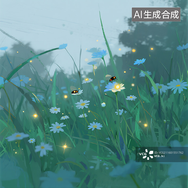 【AI数字艺术】唯美插画图，治愈，夏日，傍晚，森林，草丛，夜景，小花，萤火虫，闪烁图片素材
