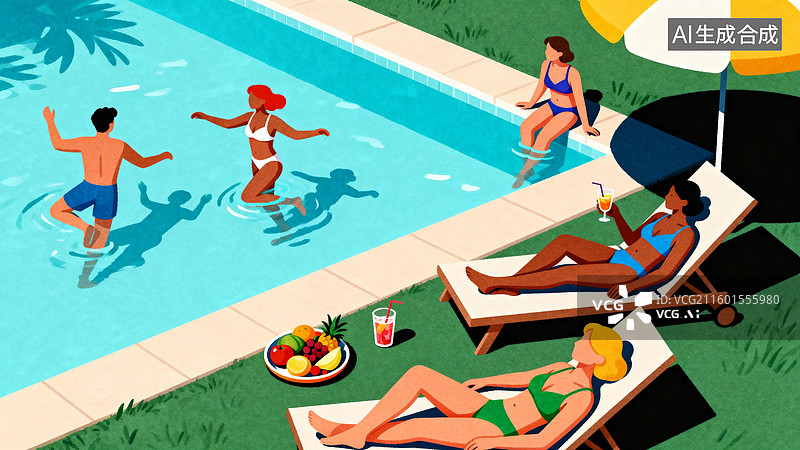 【AI数字艺术】泳池边的夏日休闲时光图片素材