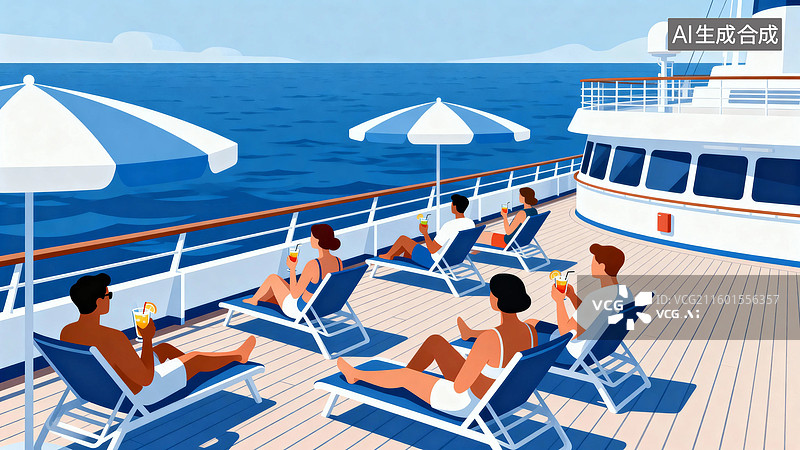 【AI数字艺术】邮轮甲板上人们休闲放松图片素材