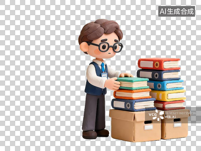 【AI数字艺术】人物认真整理书籍文件ISTJ物流师3D立体卡通人物形象mbti人格测试图片素材