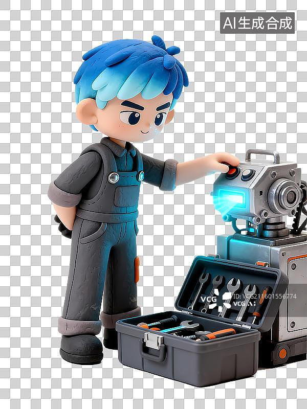 【AI数字艺术】人物专注观摩维修机械零件ISTP鉴赏家3D立体卡通人物形象mbti人格测试图片素材