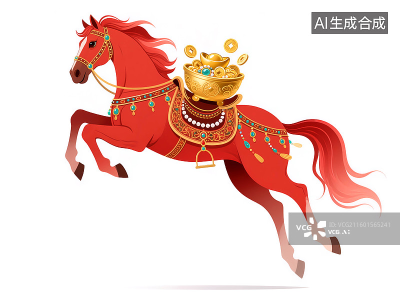 【AI数字艺术】马年插画 拖着聚宝盆的红马图片素材