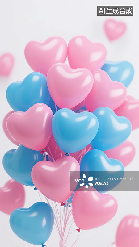 【AI数字艺术】粉色蓝色心形气球簇图片素材