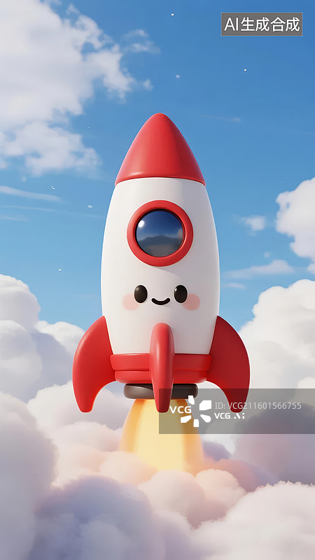 【AI数字艺术】卡通火箭飞越云层图片素材