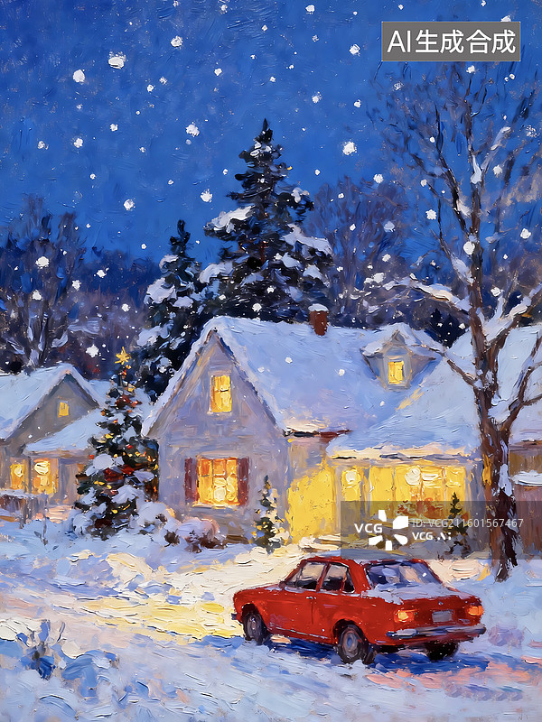 【AI数字艺术】小镇冬天雪景冬至小汽车背景插画图片素材