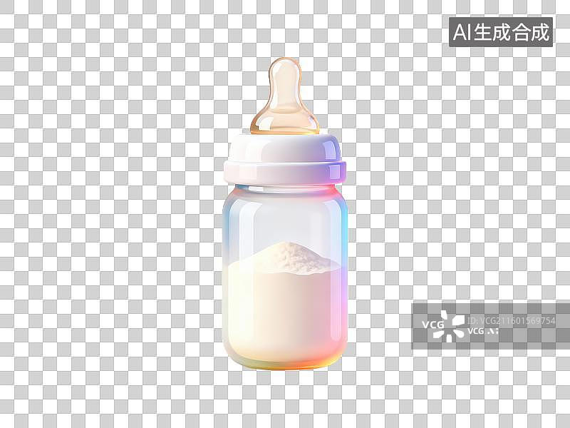 【AI数字艺术】极简奶瓶半装奶粉3D轻拟物风格透明母婴亲子插画元素设计温馨孕期学前阶段物品光滑硅胶奶嘴育儿喂养图片素材