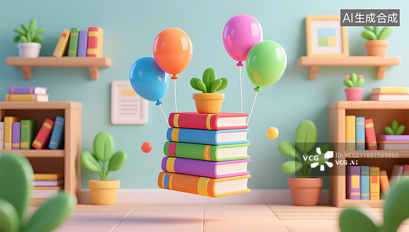 【AI数字艺术】彩色书籍与气球营造开学季童趣氛围图片素材