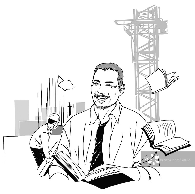 黑白插画线描素描农民作家作者工地打工农民工大叔河南濮阳刘诗利写作读书图片素材