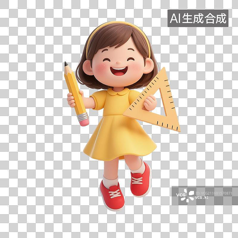 【AI数字艺术】3D渲染卡通人物，手里拿着铅笔和三角板的儿童，小学生，学生，免抠元素图片素材
