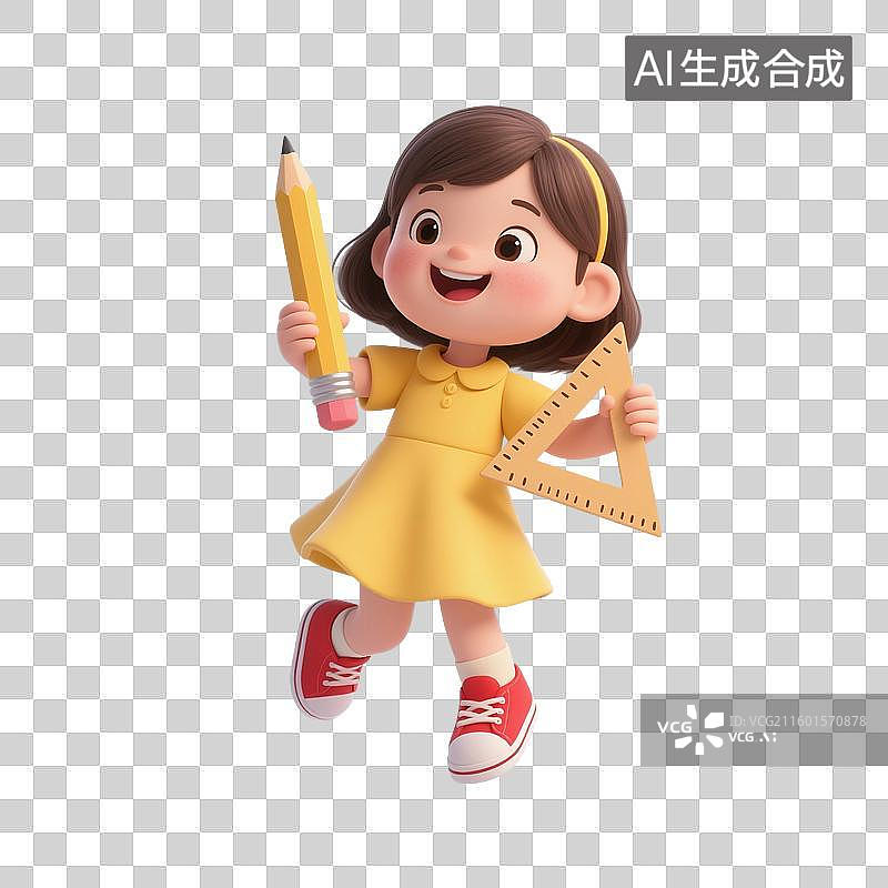 【AI数字艺术】3D渲染卡通人物，手里拿着铅笔和三角板的儿童，小学生，学生，免抠元素图片素材