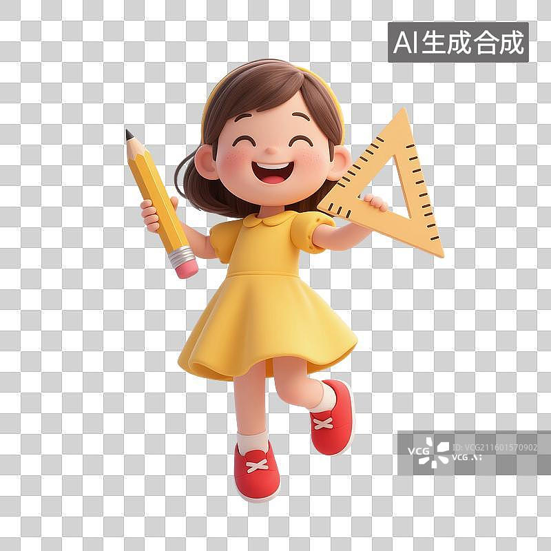【AI数字艺术】3D渲染卡通人物，手里拿着铅笔和三角板的儿童，小学生，学生，免抠元素图片素材