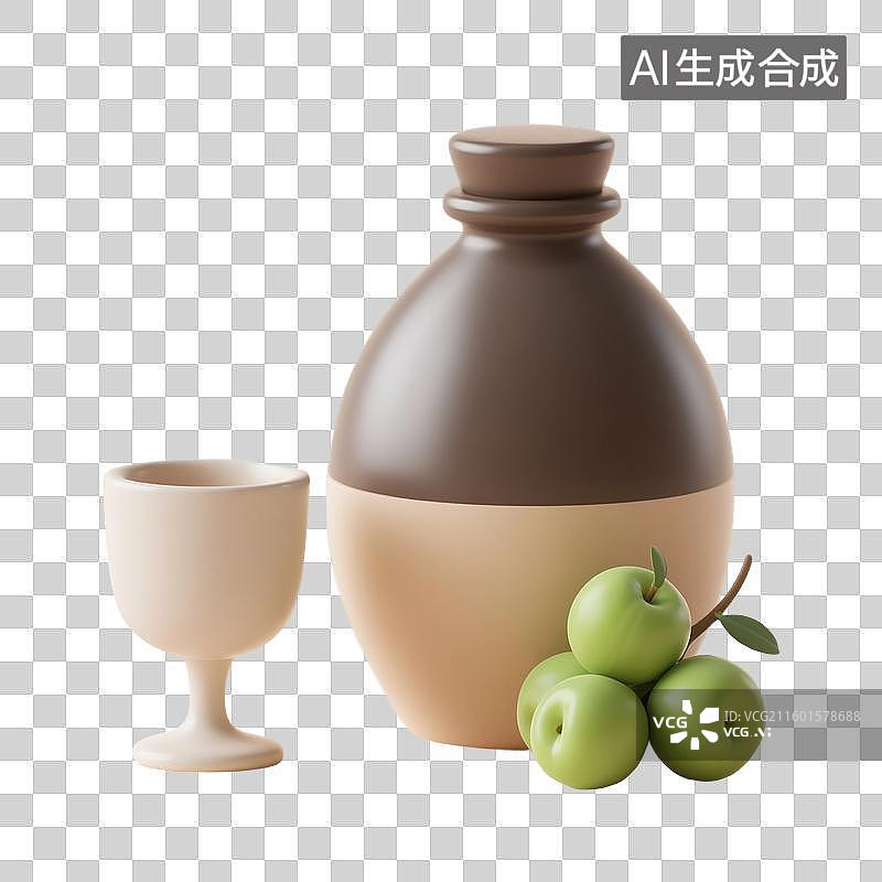 【AI数字艺术】国风手绘插画，青梅酒，梅子酒，米酒，酒壶，酒坛子，酒缸，酒杯，传统文化，酒文化，免抠元素图片素材