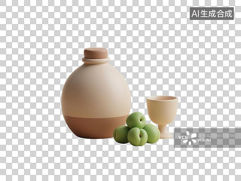 【AI数字艺术】国风手绘插画，青梅酒，梅子酒，米酒，酒壶，酒坛子，酒缸，酒杯，传统文化，酒文化，免抠元素图片素材