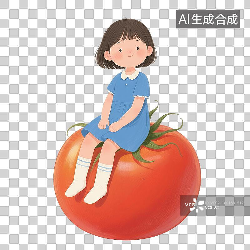 【AI数字艺术】治愈系手绘插画，女孩和水果，免抠元素图片素材