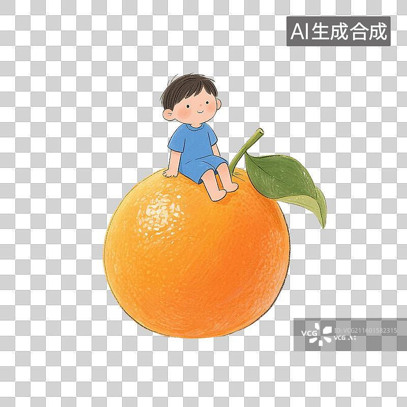 【AI数字艺术】治愈系手绘插画，男孩和水果，橙子，橘子，沃柑，秋天美食免抠元素图片素材
