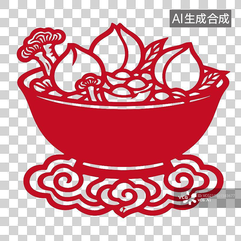 【AI数字艺术】新年仙桃灵芝聚宝盘简洁有力木刻版画剪纸插画元素图片素材