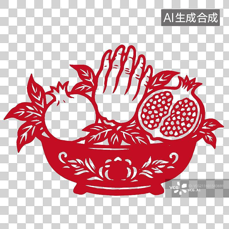 【AI数字艺术】新年佛手石榴聚宝盘简洁有力木刻版画剪纸插画元素图片素材