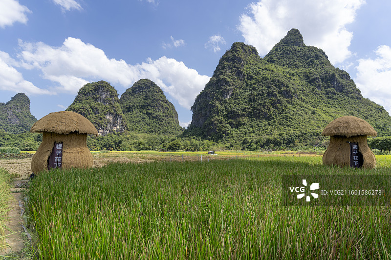 阳朔喀斯特峰林田园草屋风光图片素材