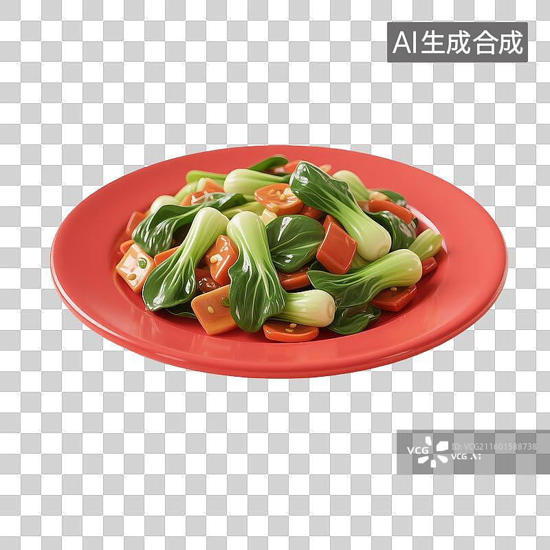 【AI数字艺术】3D渲染盘子里的家常菜，青菜，炒菜，炒青菜，上海青，免抠元素图片素材