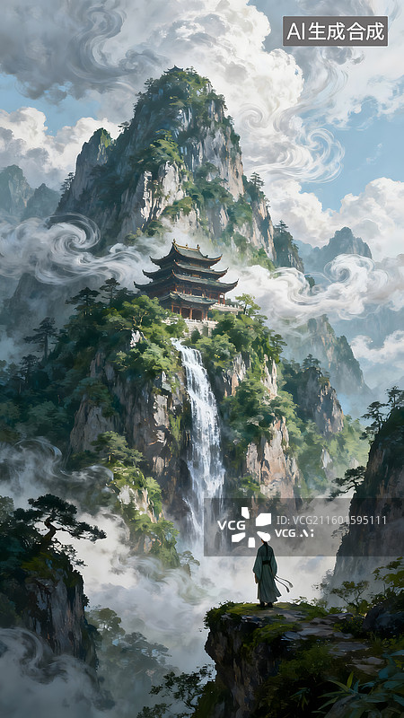 【AI数字艺术】云瀑山峦间古亭雅士的国风禅意之境图片素材