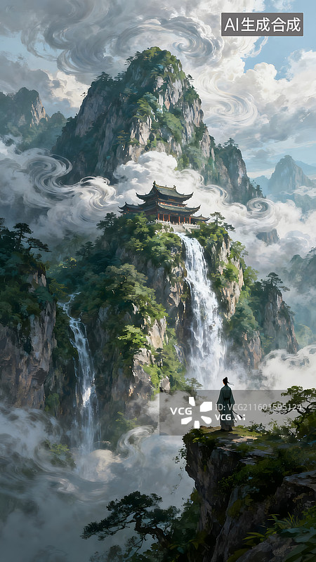 【AI数字艺术】云瀑山峦间古亭雅士的国风禅意之境图片素材