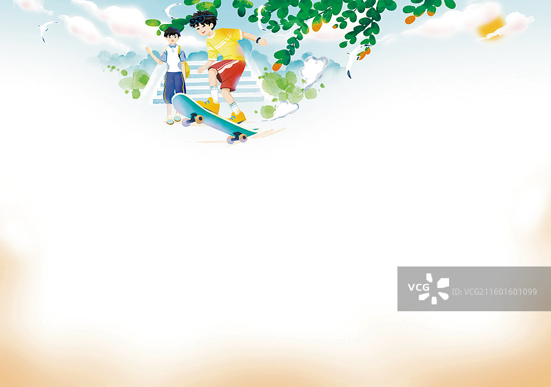 彩色卡通插画少年儿童男孩女孩骑自行车学车爸爸妈妈过山车拉布布玩具学滑板背景模版爱心温暖幸福乡村农村童图片素材