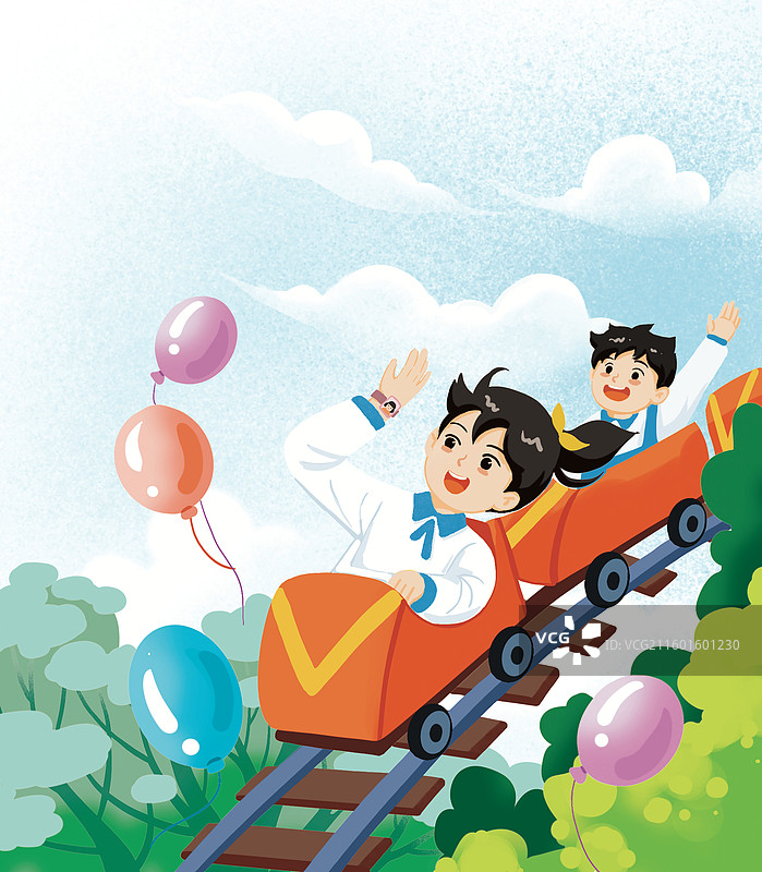 彩色卡通插画少年儿童男孩女孩骑自行车学车爸爸妈妈过山车拉布布玩具学滑板背景模版爱心温暖幸福乡村农村童图片素材