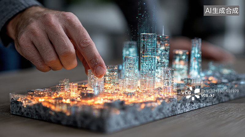 【AI数字艺术】手触发光城市模型图片素材