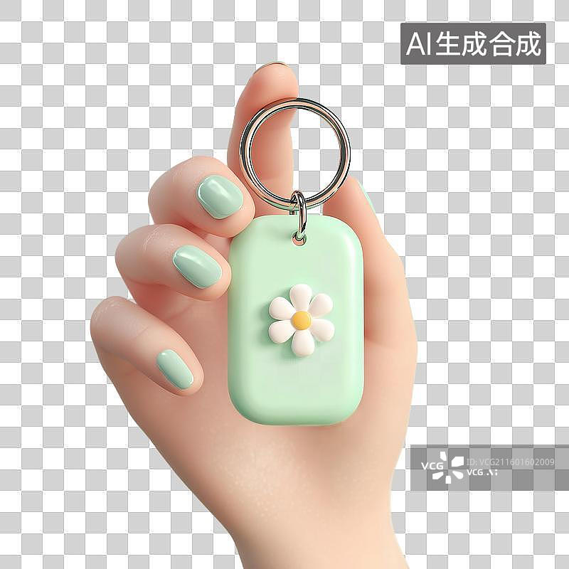 【AI数字艺术】手持薄荷绿钥匙扣3D渲染图片素材