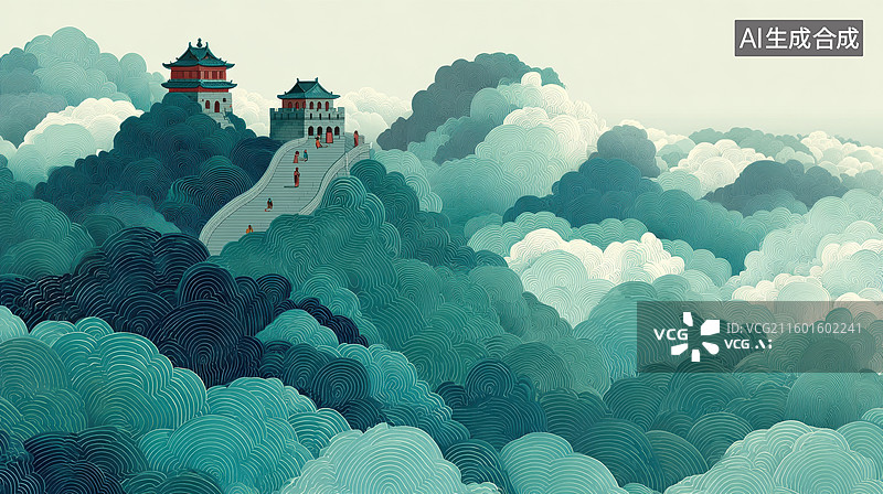 【AI数字艺术】云海中的古建筑群图片素材