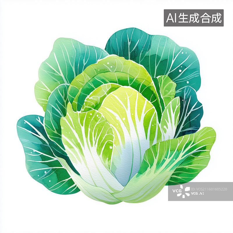 【AI数字艺术】白背景新鲜白菜有机蔬菜手绘扁平水彩插画图片素材