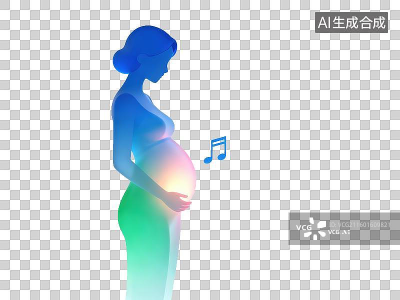 【AI数字艺术】宁静孕妇剪影腹部发光柔和音乐音符胎教3D轻拟物风格透明母婴亲子插画元素设计温馨孕期图片素材