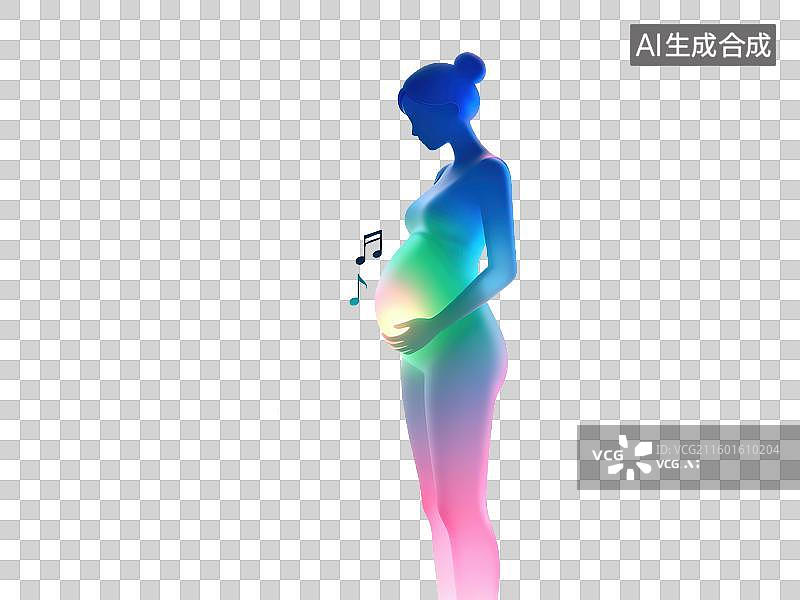 【AI数字艺术】宁静孕妇剪影腹部发光柔和音乐音符胎教3D轻拟物风格透明母婴亲子插画元素设计温馨孕期图片素材