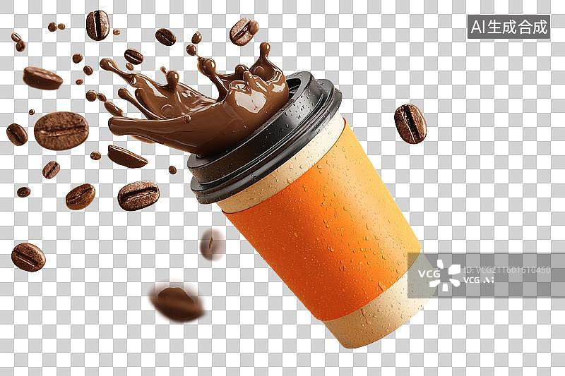 【AI数字艺术】咖啡液从杯子中洒出，咖啡豆免扣元素图片素材